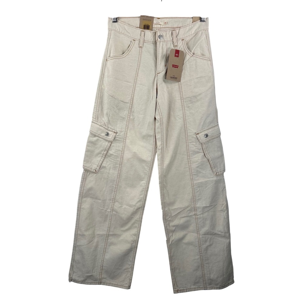 Levi's Superlow Loose Cargo‎ sz 26 Cream Lightweight Linen Blend Straight Leg